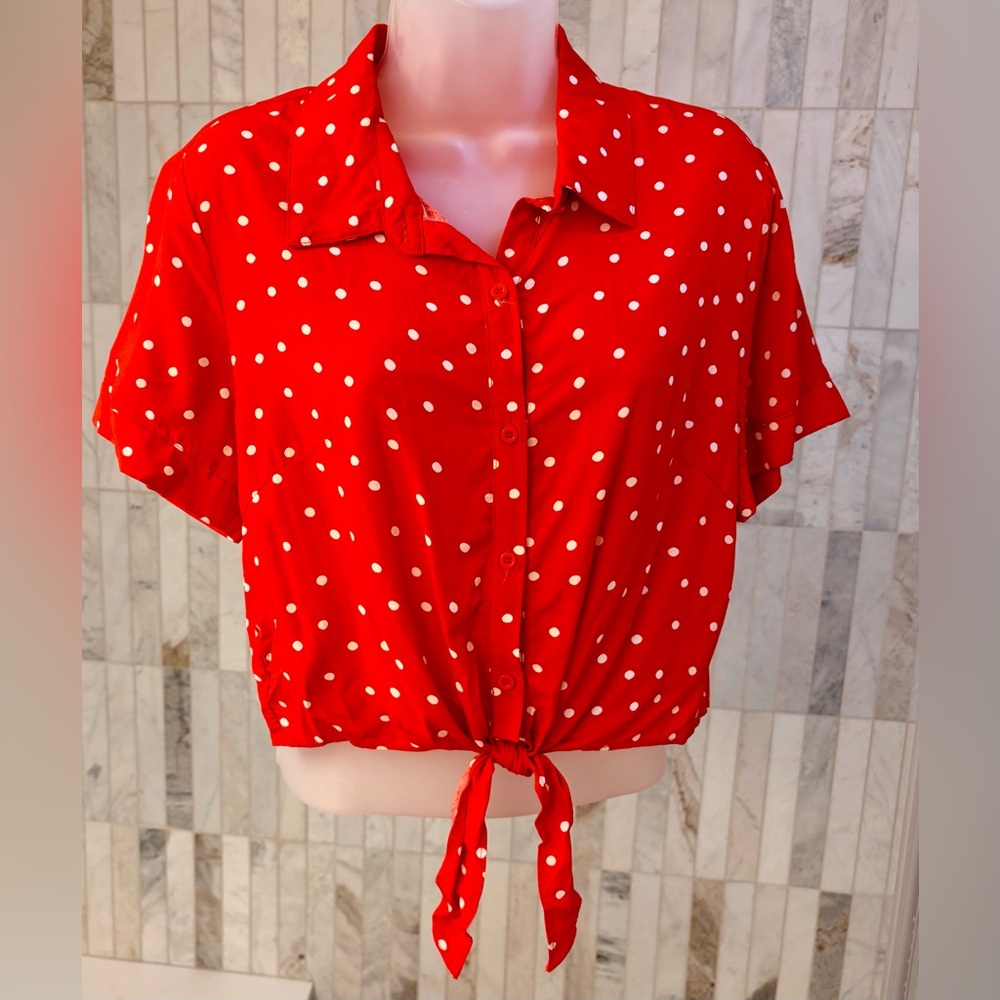 Red Polka Dot Button-Down Tie-Front Top